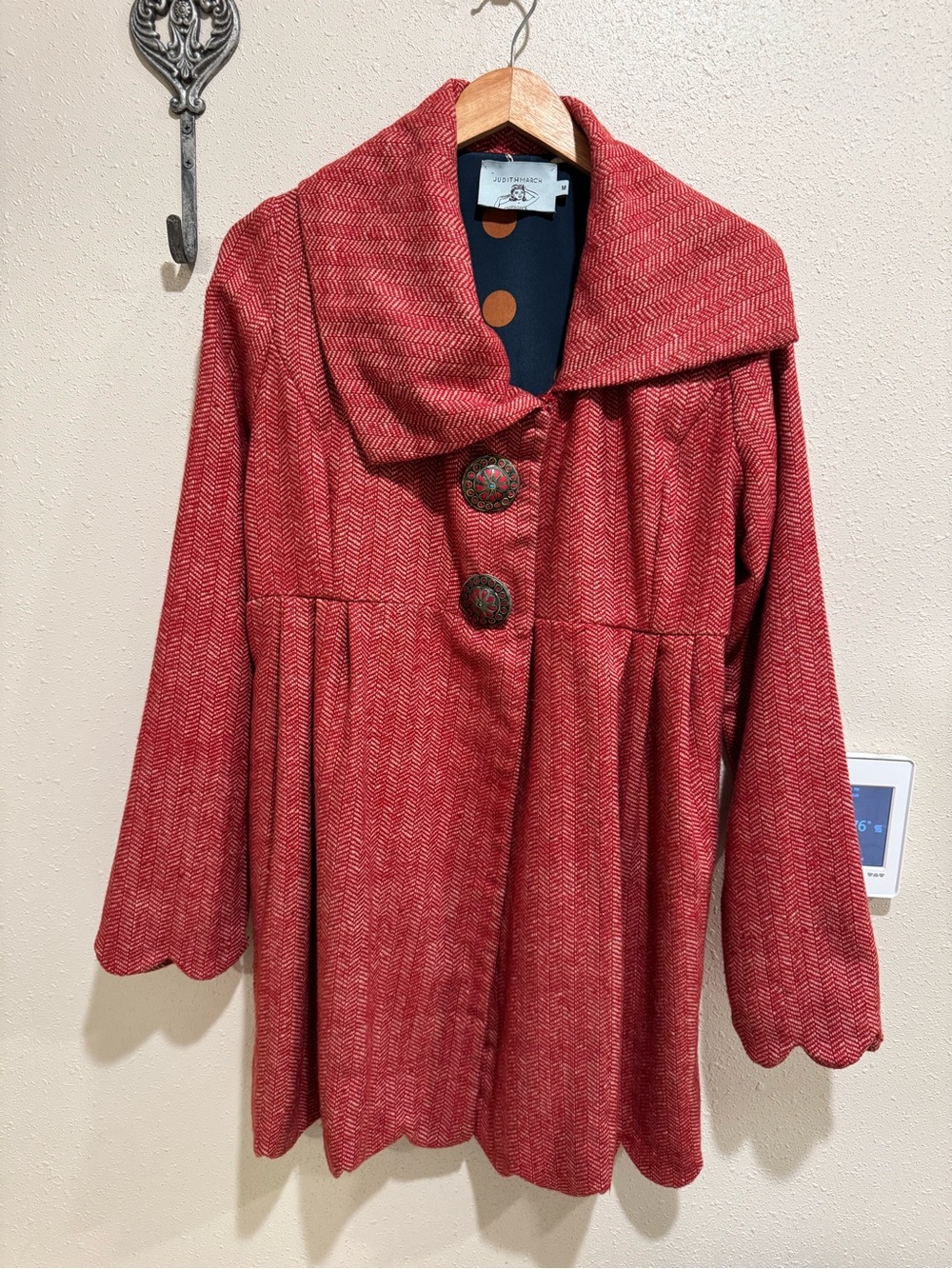 Anthropologie Judith March Red Herringbone Pea Coat M